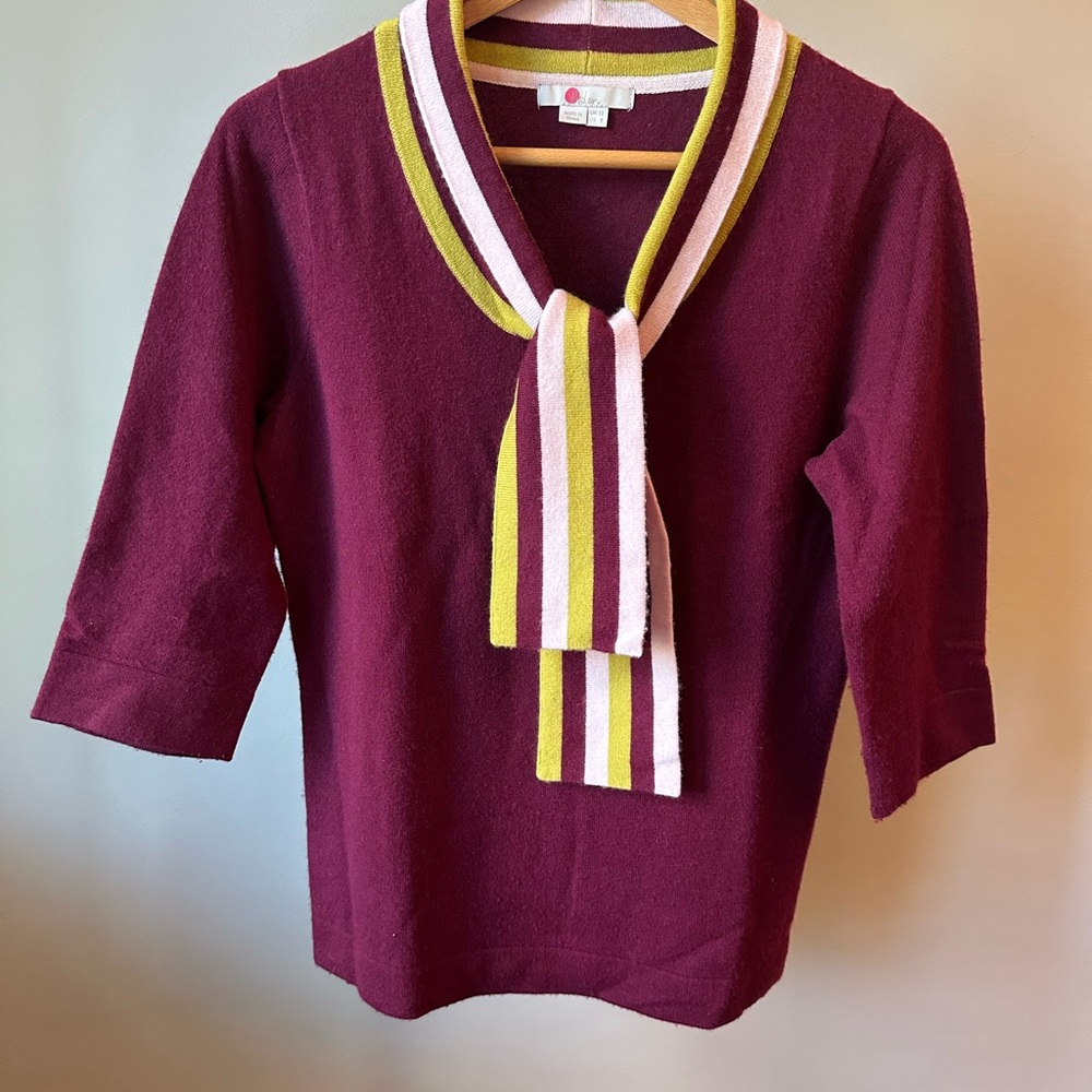 Boden Women’s Burgundy 3/4 Sleeve Sweater with Striped Scarf Collar - Picture 2 of 7